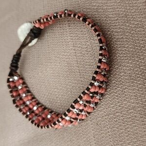 Aero Pink Beaded with Brown Leather Bracelet, Pre-loved in Great Condit…